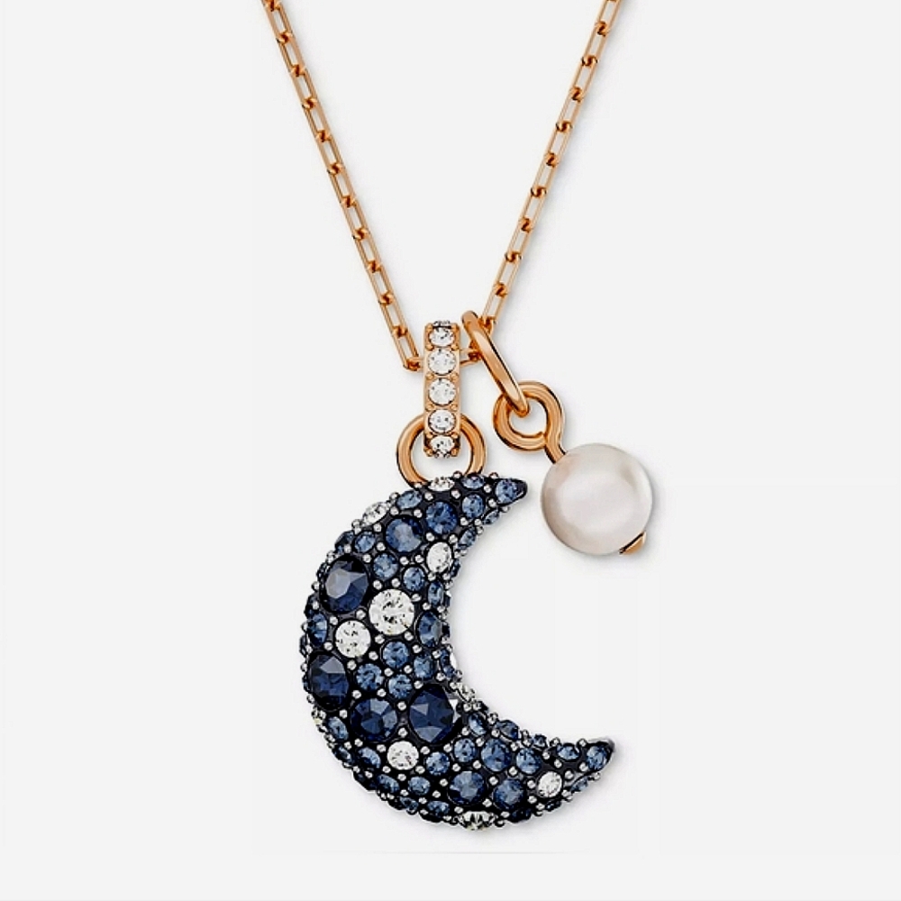 NWT Rose Gold-Tone Crystal Moon & Imitation Pearl Pendant Necklace, 15-3/4" +2 - Picture 1 of 6